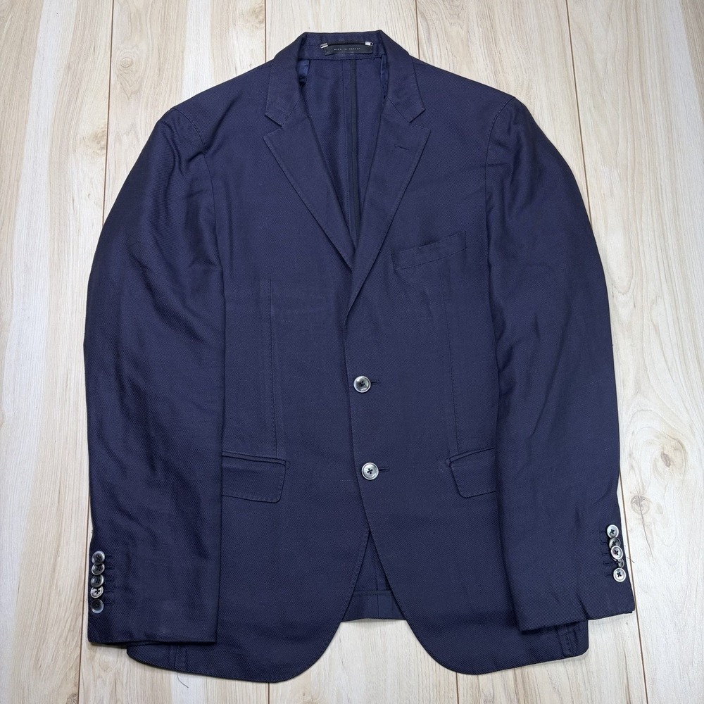 BOSS Hugo Boss Tailored Unstructured Navy Blue Cotton Linen Blazer Mens 40R Slim